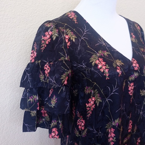 Rebecca Taylor navy blue floral silk blend ruffle sleeve blouse - Picture 8 of 15